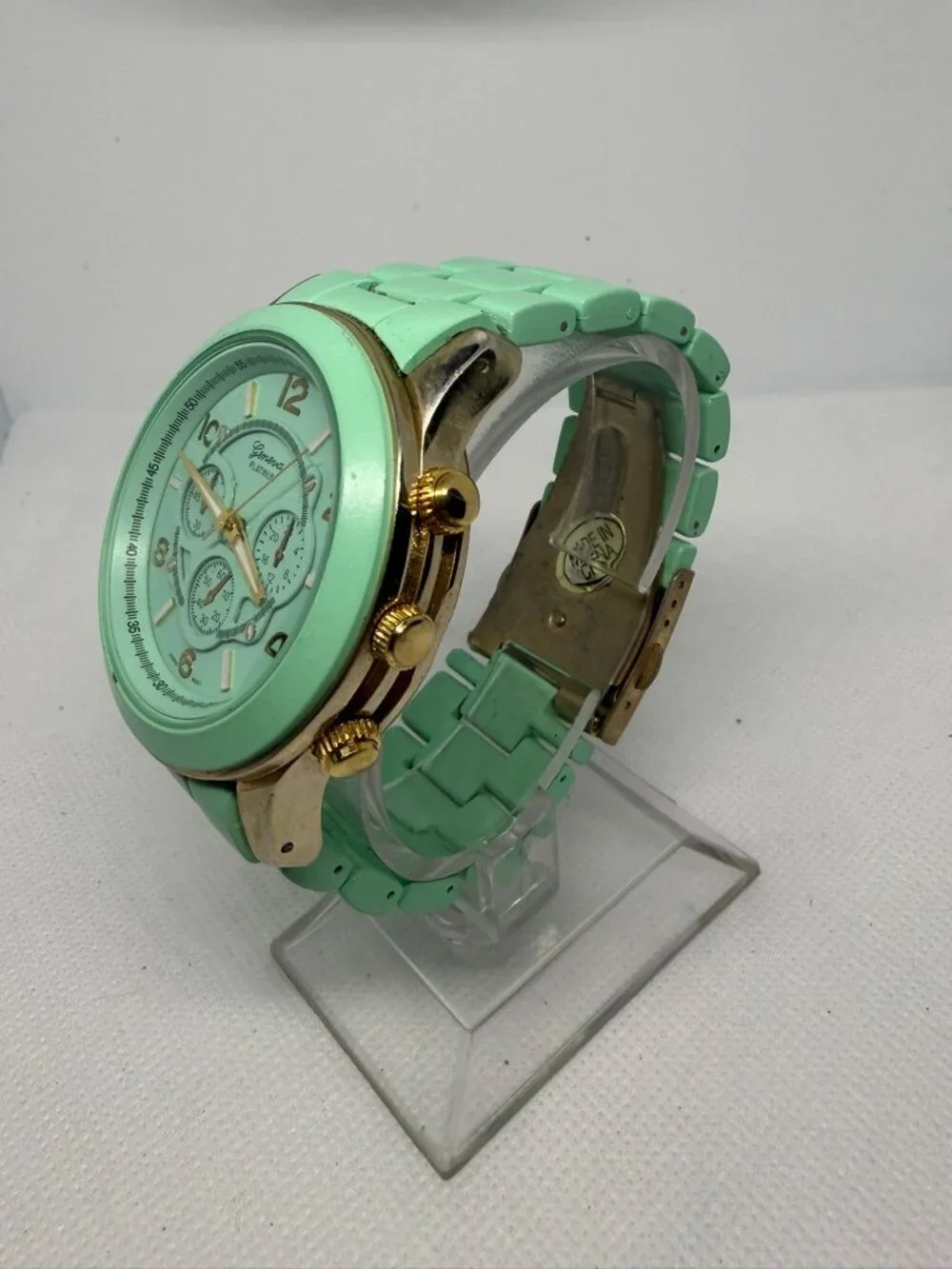 Geneva 6839J-Teal-Gold Unisex Boyfriend Chrono Style Link Watch Teal-Gold